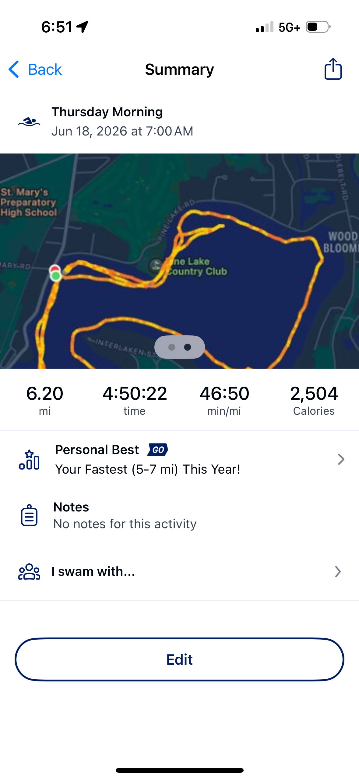Day 1 swim route - Pine Lake